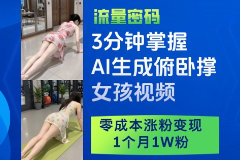3分钟掌握AI生成俯卧撑女孩视频，零成本涨粉变现，1个月1W粉-一尺涵知