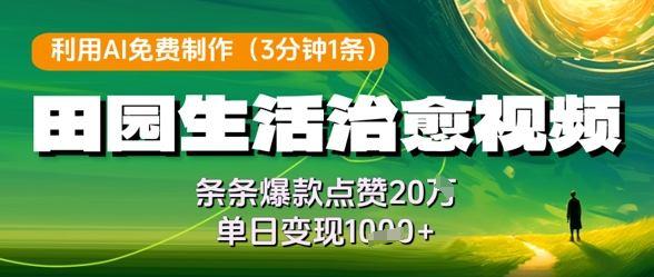利用AI免费制作田园生活治愈视频，条条爆款点赞20W，单日变现几张-一尺涵知
