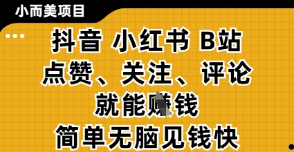 小而美的项目，抖音小红书B站视频点赞、关注、评论就能挣钱，简单无脑立见收益，妥妥的零撸项目【揭秘】-一尺涵知